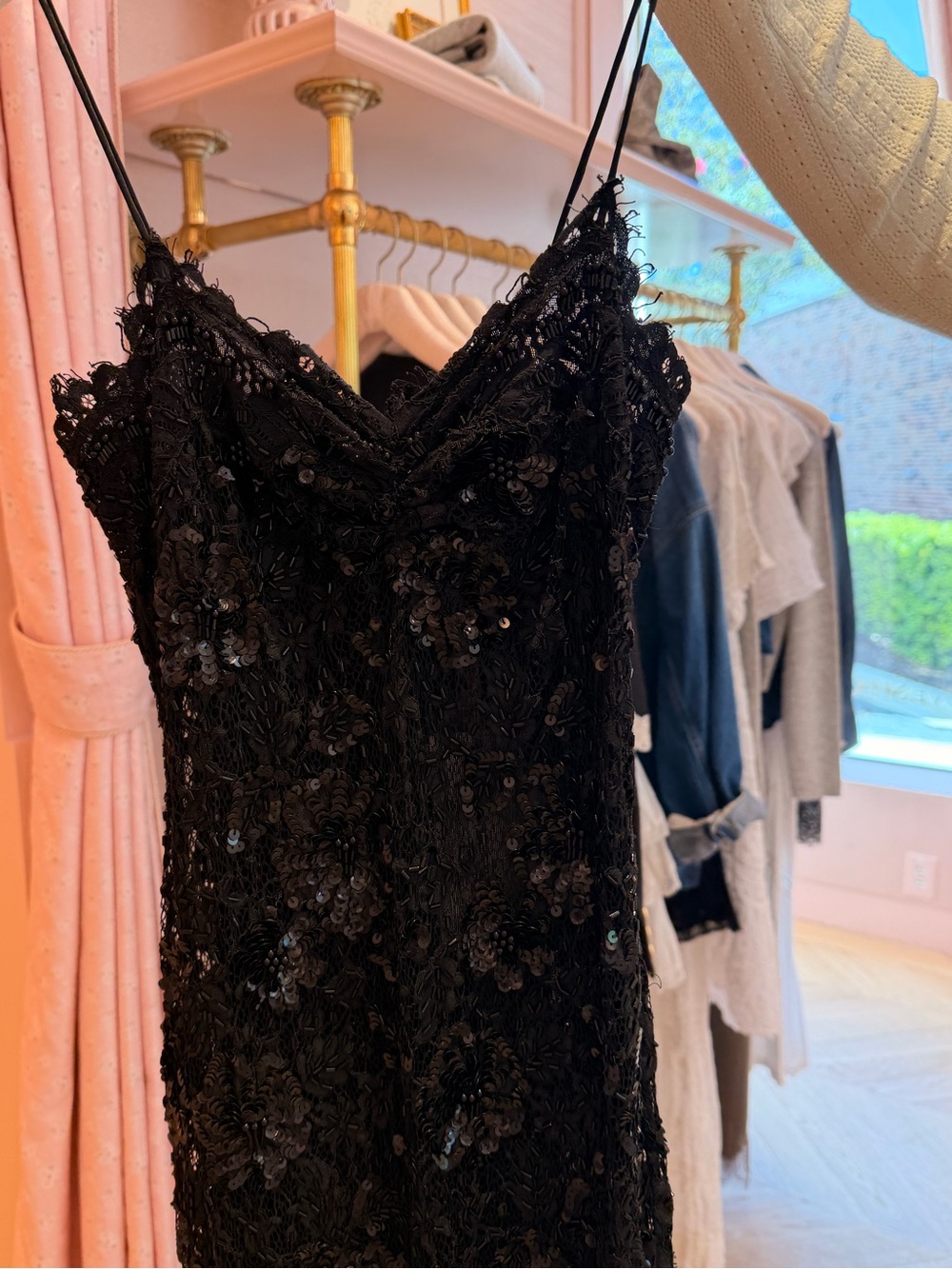 LoveShackFancy Black Lace Sequin Strapless Dress